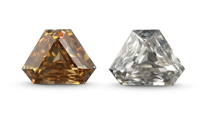 The 6.61 ct diamond above shows the stone before and after HPHT annealing to remove its color. Left, prior to annealing, this diamond’s color was considered fancy yellow brown. Right, after annealing, this diamond’s color grade is "L" (faint yellow).