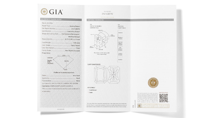 The GIA Synthetic Colored Diamond Grading Report provides the same information as the GIA Colored Diamond Grading report issued for natural diamonds, using a more general description of color and clarity.