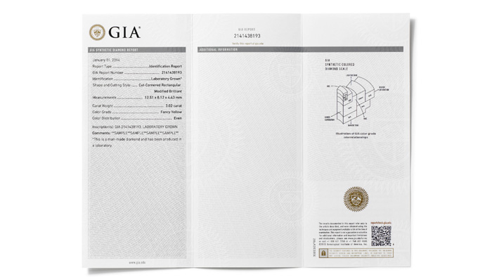 The GIA Synthetic Colored Diamond Report describes a colored synthetic diamond's color grade.