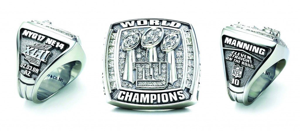 The 2008 New York Giants got to the Super Bowl by winning eleven games on the road – a fact emblazoned on the side of the ring. The victory was the team’s third Super Bowl win. Courtesy of Tiffany & Co.