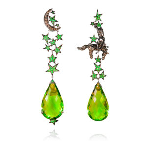 Sagittarius gallops across the heavens in Lydia Courteille’s earrings. Tsavorites and prasiolites make up the stars and drops, while brown diamonds color a crescent moon and the centaur’s body. Courtesy: Lydia Courteille 