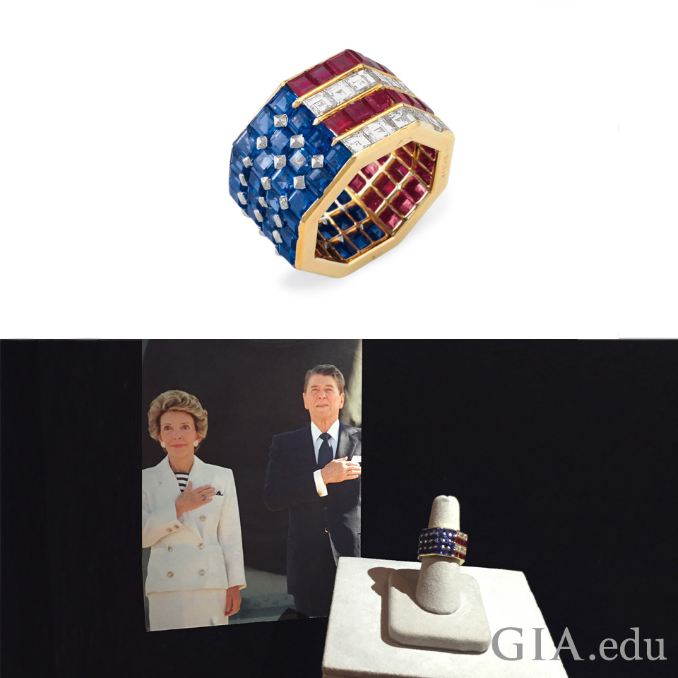 American Flag motif ring set with square-shaped sapphires, rubies and diamonds