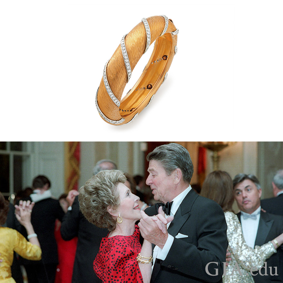 First lady Nancy Reagan dancing with the President at a state dinner in 1985 and 18K gold and diamond bracelet (right)