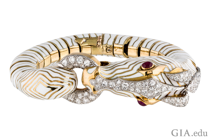 18K gold and white enameled zebra bracelet designed by David Webb