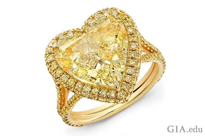 A 7.02 ct fancy yellow heart shaped diamond with 1.08 carats if yellow diamonds in the halo and shank in an 18K gold engagement ring setting.