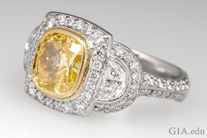 Natural Fancy Yellow Diamond Ring in Platinum & Gold