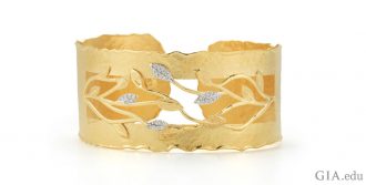 Vine Cuff Bracelet Designed by I.Reiss. Hand-Crafted in 14K Yellow Gold Matte and Hammer-Finished Scallop Edge Vine Cuff Bracelet Enhanced with 0.20 Carat Diamonds.