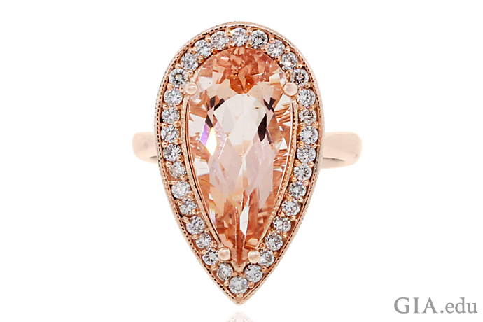 A 5.76 carat pear shape morganite engagement ring set in 14K rose gold.