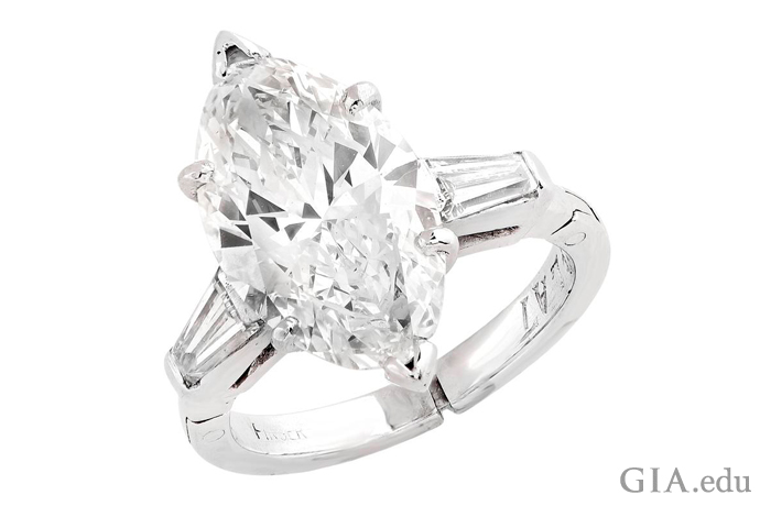 A 3.50 carat marquise shaped diamond engagement ring set in platinum.