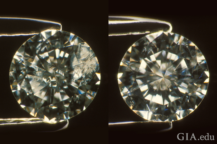 具有明显裂缝的 0.20 克拉钻石在采用玻璃状物质进行填充处理后的对比照。