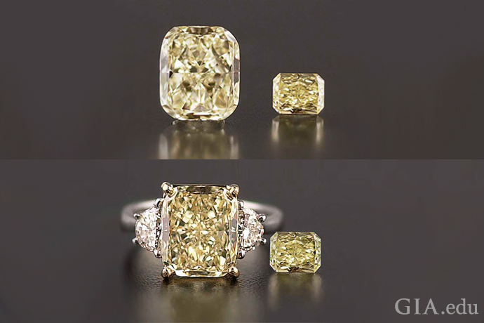 An image showing a loose yellow diamond and a mounted yellow diamond. 