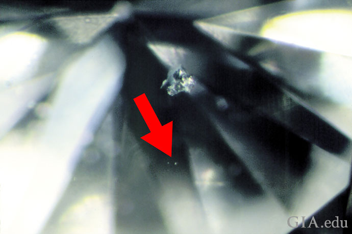 A diamond containing a few pinpoints with a larger included crystal above them.