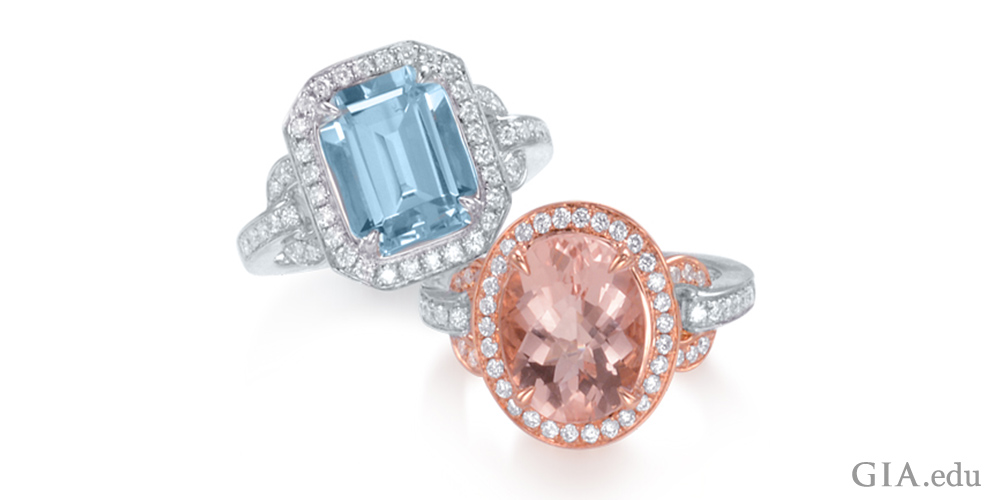 Morganite and aquamarine rings set with melee diamonds.
