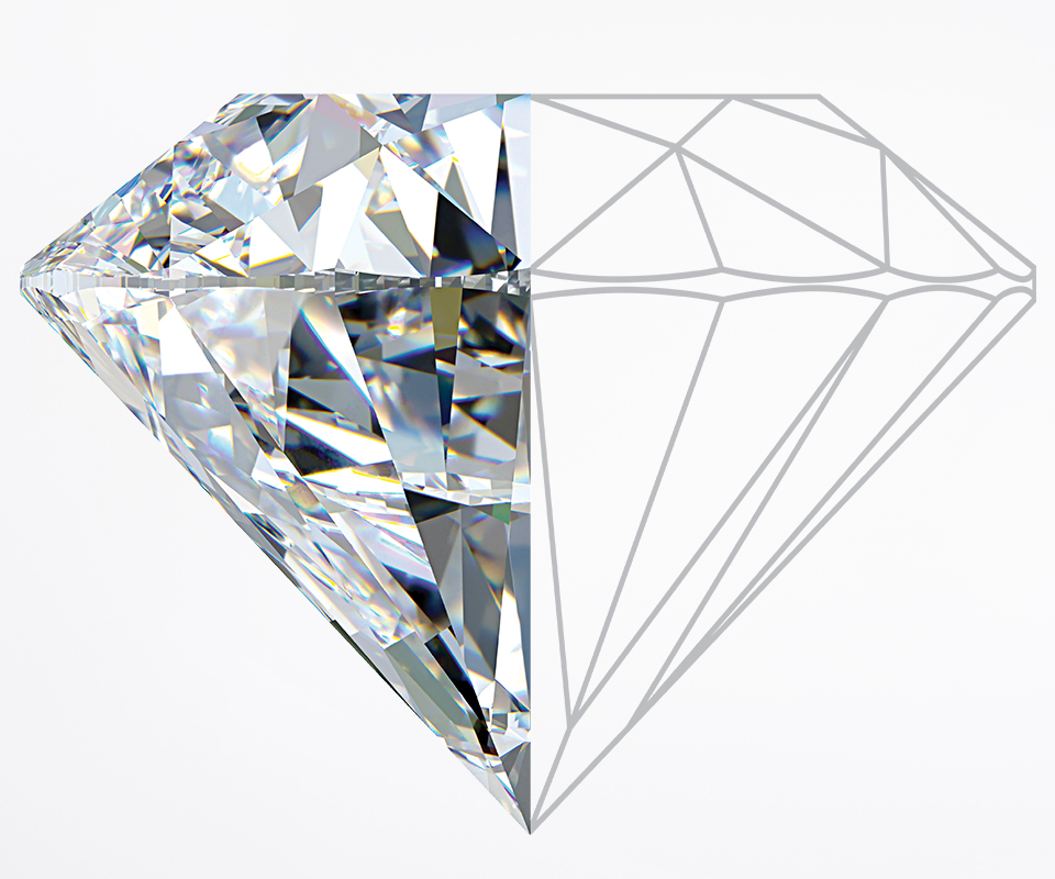 Half of a diamond with the other half of its facets outlined