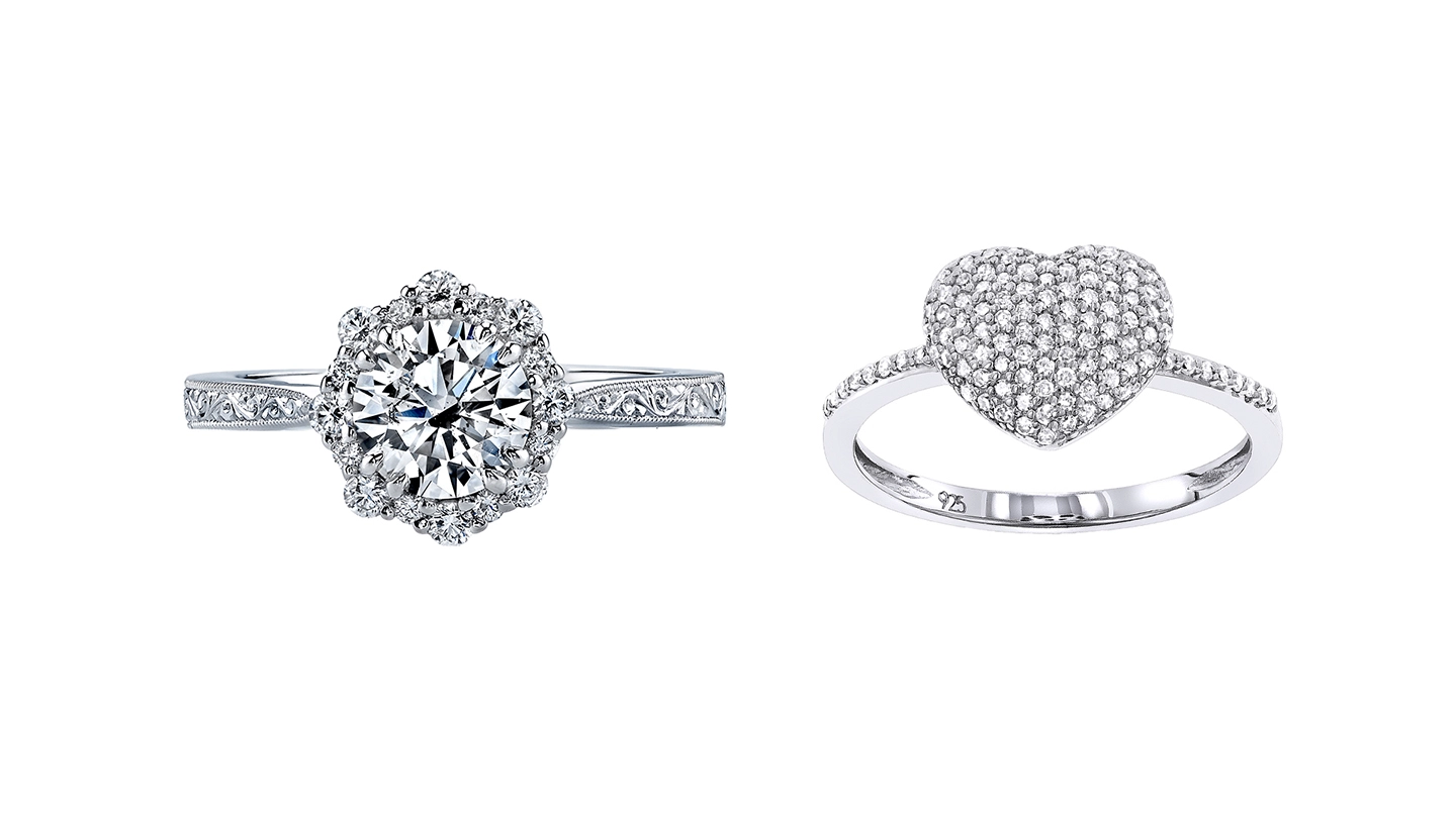 White gold and sterling silver diamond engagement rings.