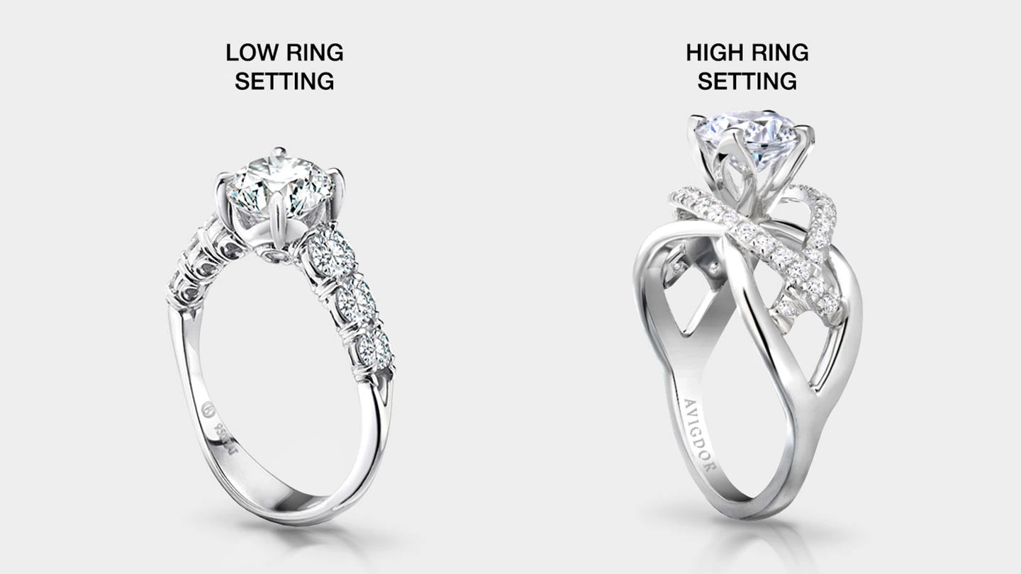 A diamond ring with a lower setting next to a diamond ring with a higher setting.