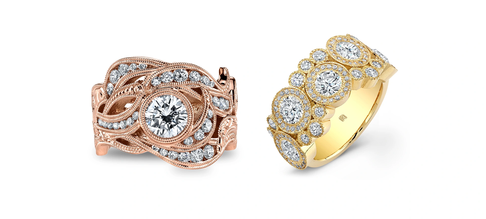 Yellow gold diamond ring and rose gold diamond ring