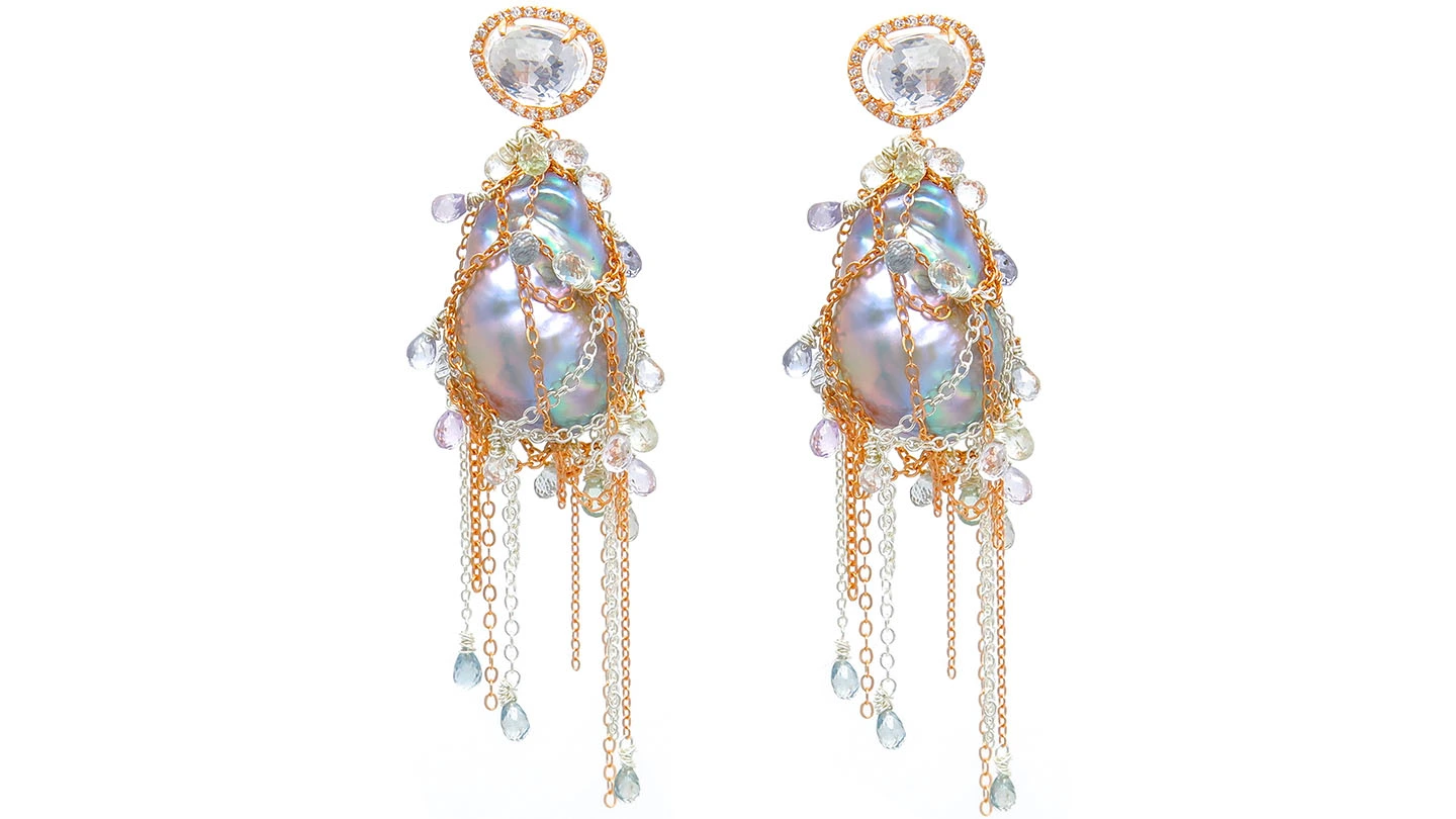 Pair of Baroque freshwater pearl earrings with cascading sterling silver and rose gold chains