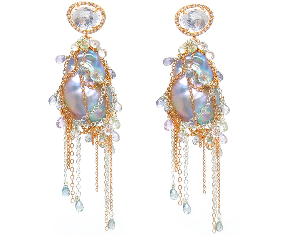 Pair of Baroque freshwater pearl earrings with cascading sterling silver and rose gold chains