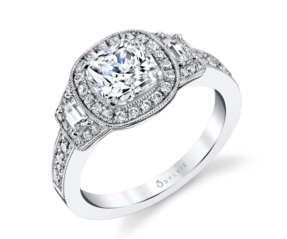 Cushion cut diamond ring with halos and side stones