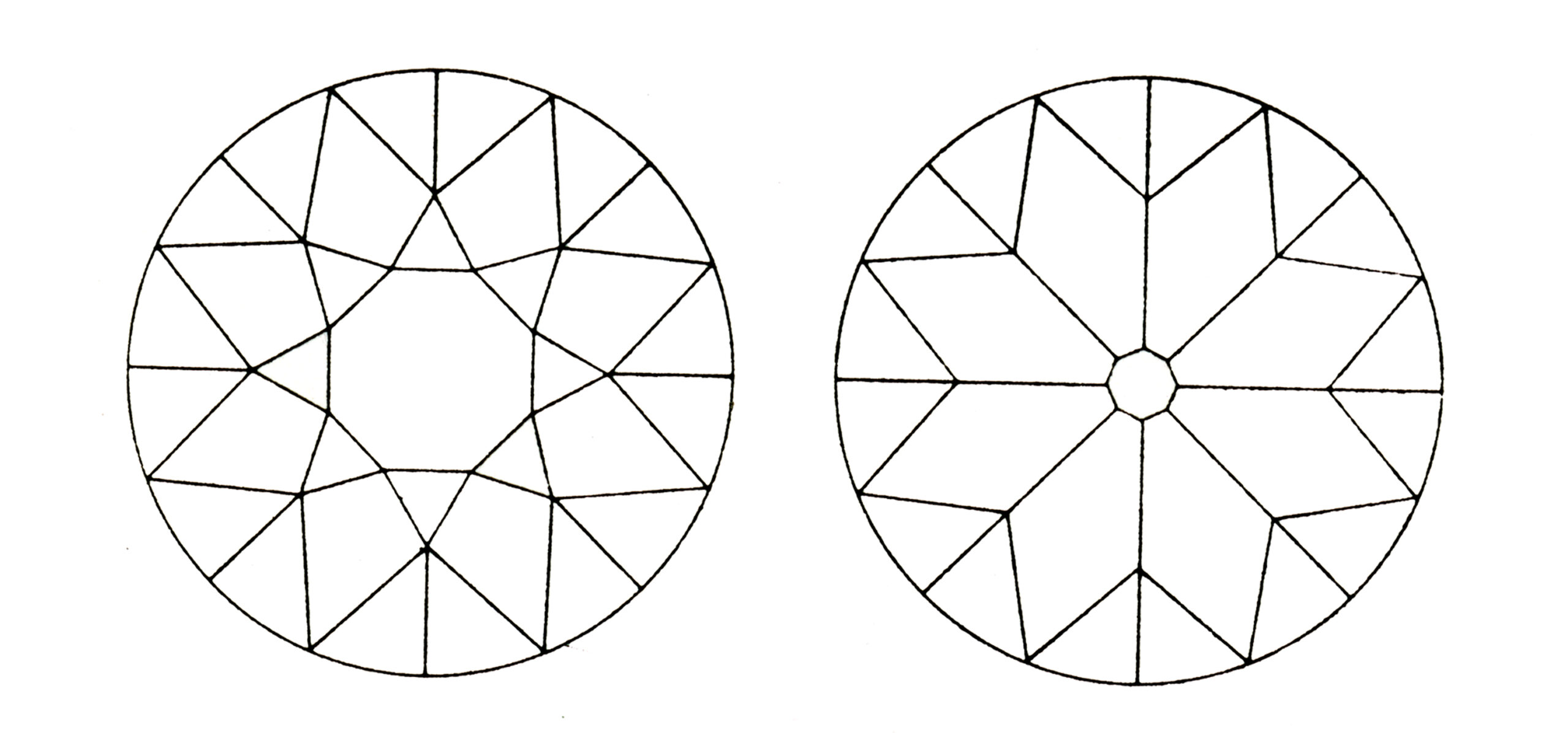 two plot diagrams of an old european cut diamond pavilion and crown