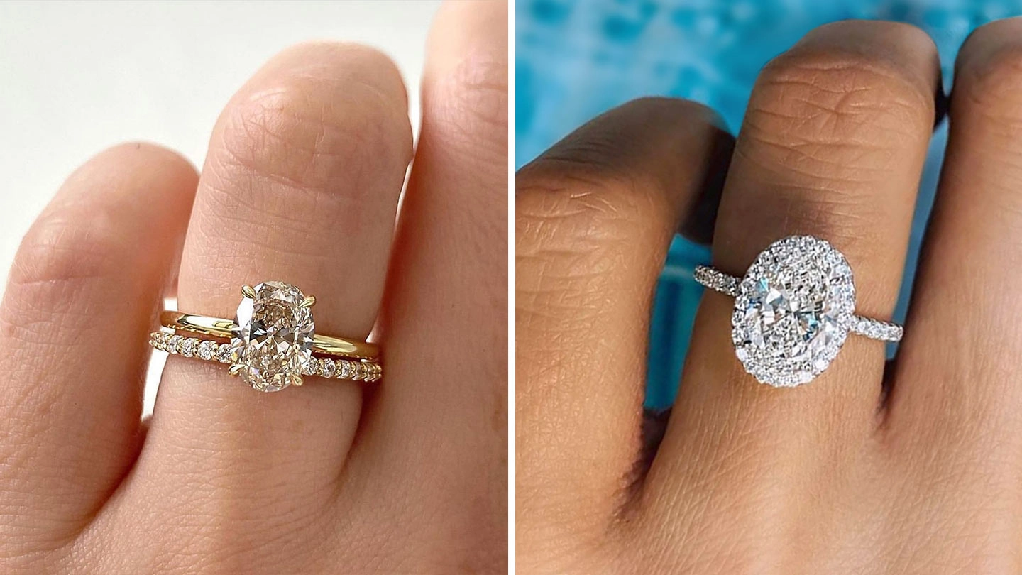 Side by side comparison of an oval diamond set in a solitaire prong setting versus a halo setting.