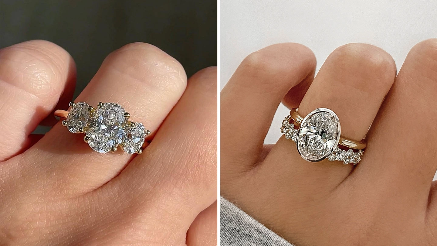 Side by side comparison of an oval diamond set in a three-stone setting versus a bezel setting.