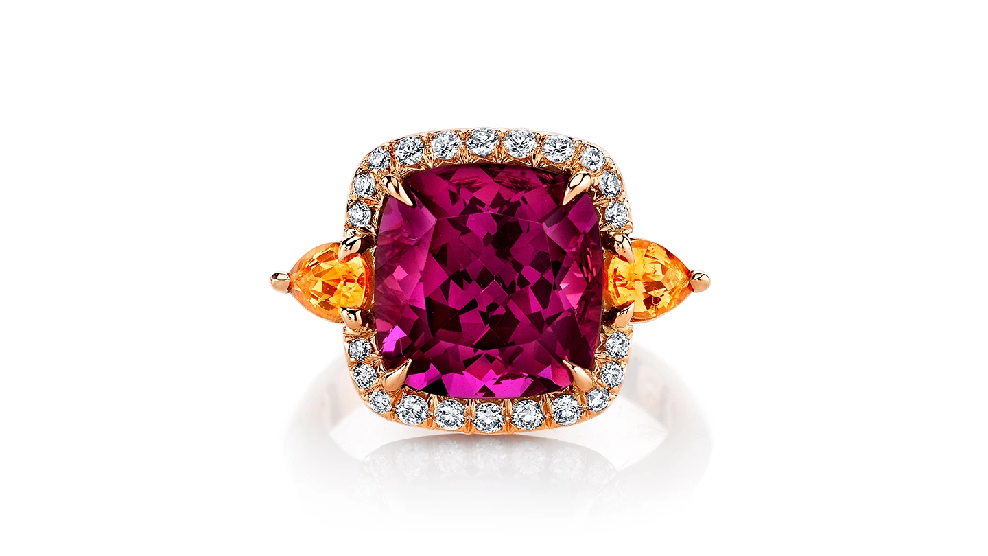 Rhodolite and spessartite rose gold garnet engagement ring.