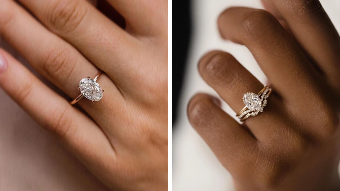 Woman’s hand with oval diamond engagement ring worn alone versus paired with wedding band.
