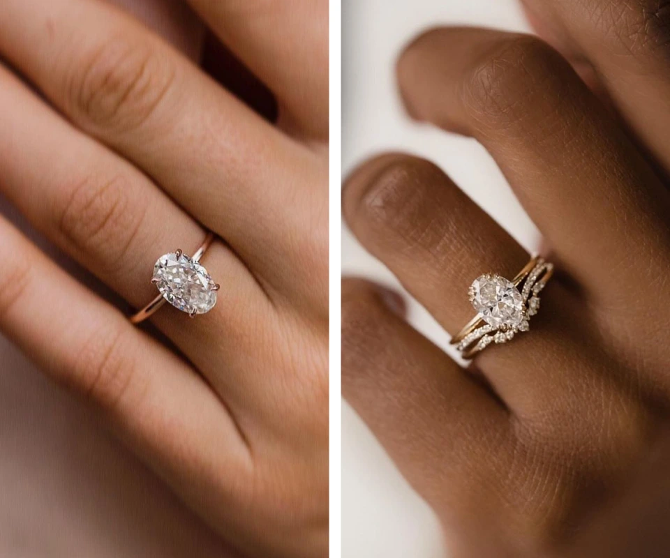 Woman’s hand with oval diamond engagement ring worn alone versus paired with wedding band