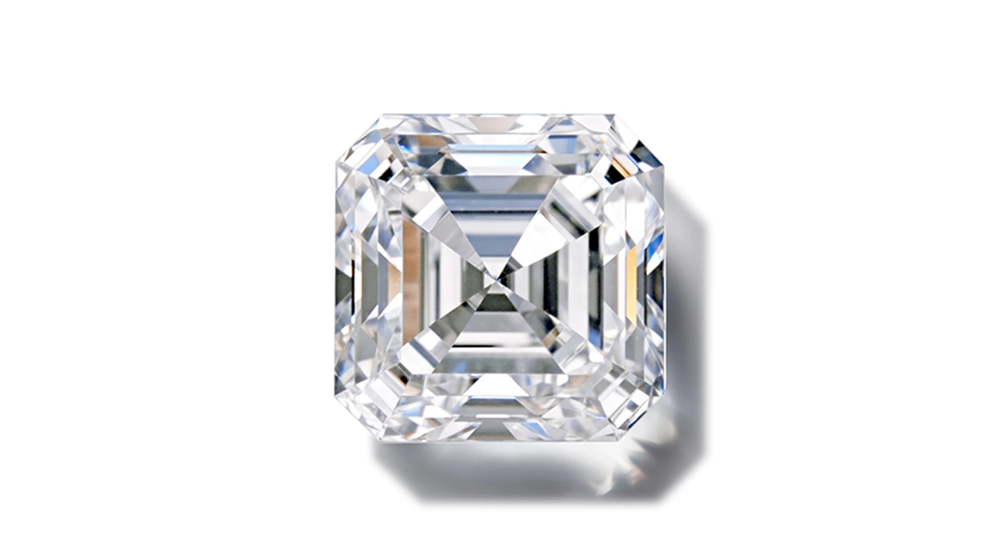 Asscher cut diamond on white background.