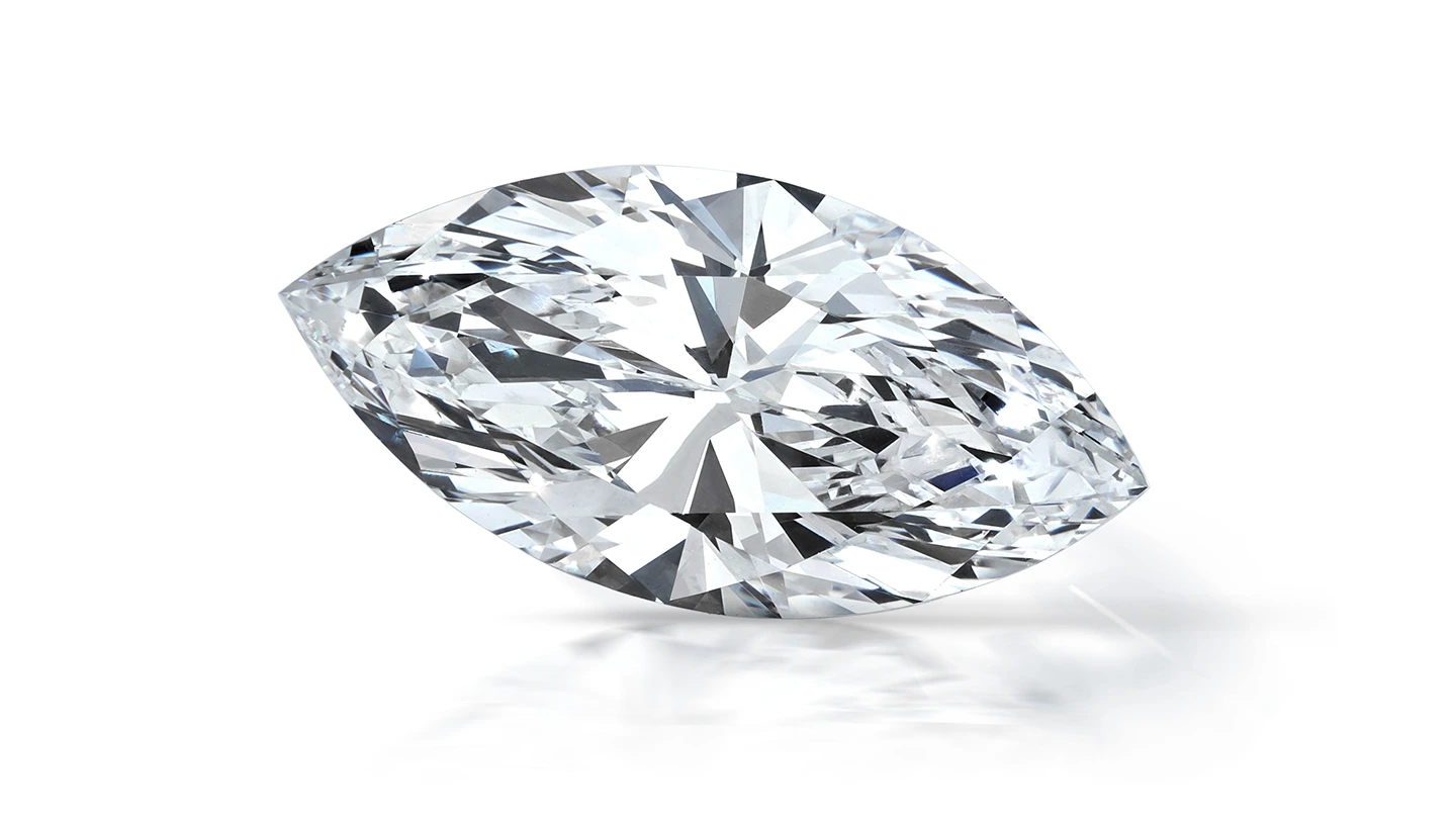 Marquise cut diamond on white background.