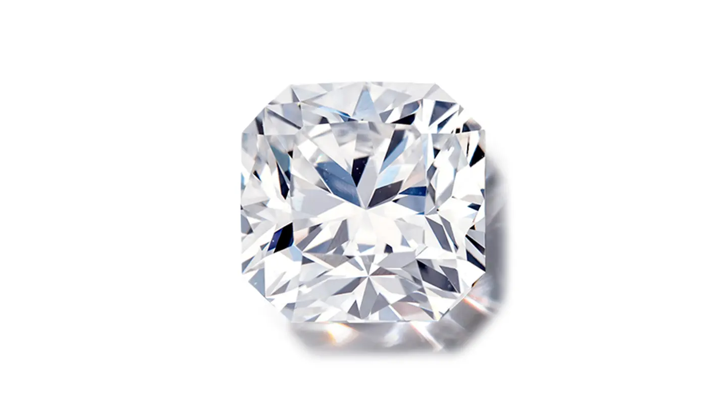 Radiant cut diamond on white background.