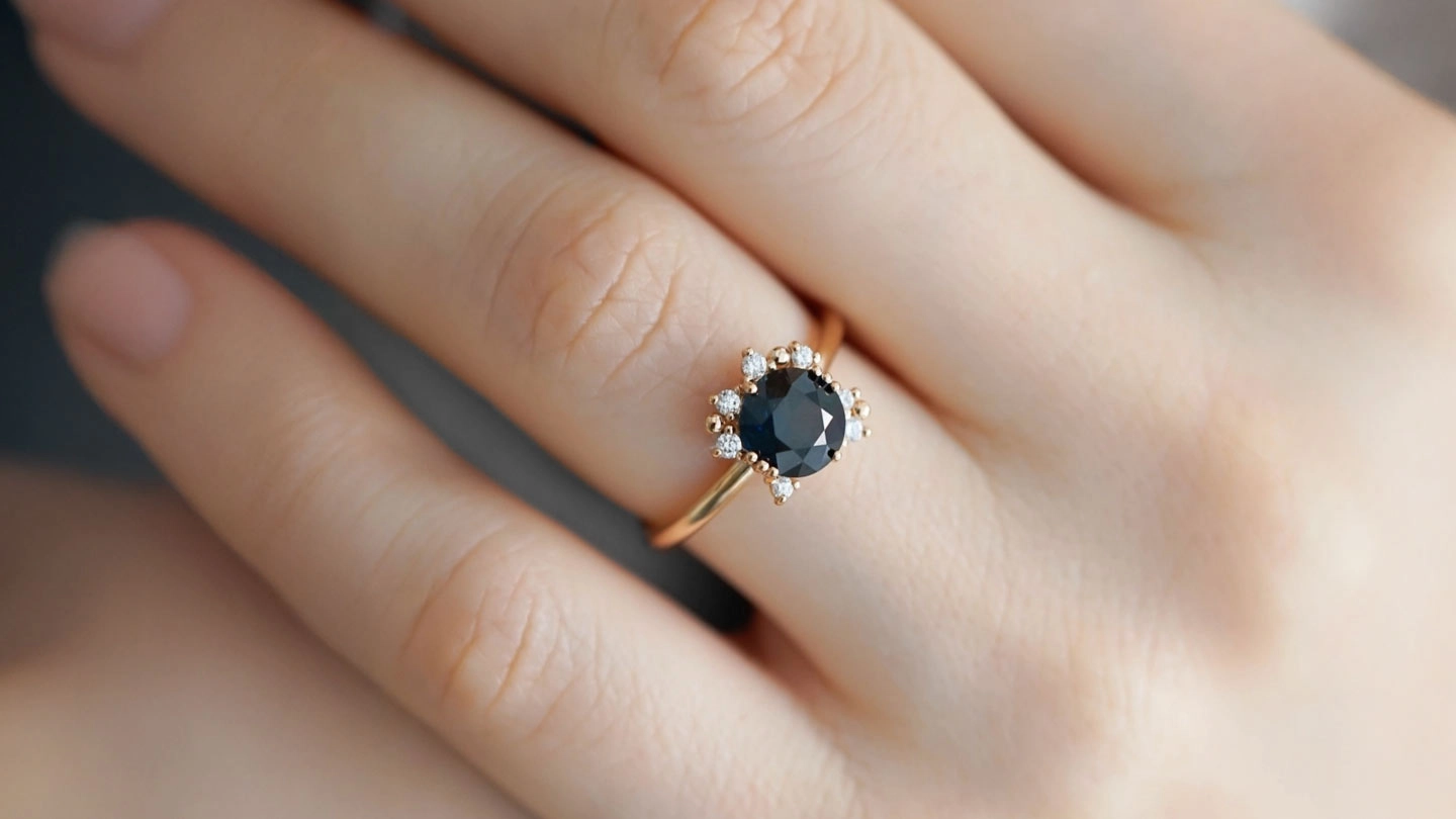 Dainty black diamond engagement ring with scattered colorless diamond halo on a woman's ring finger