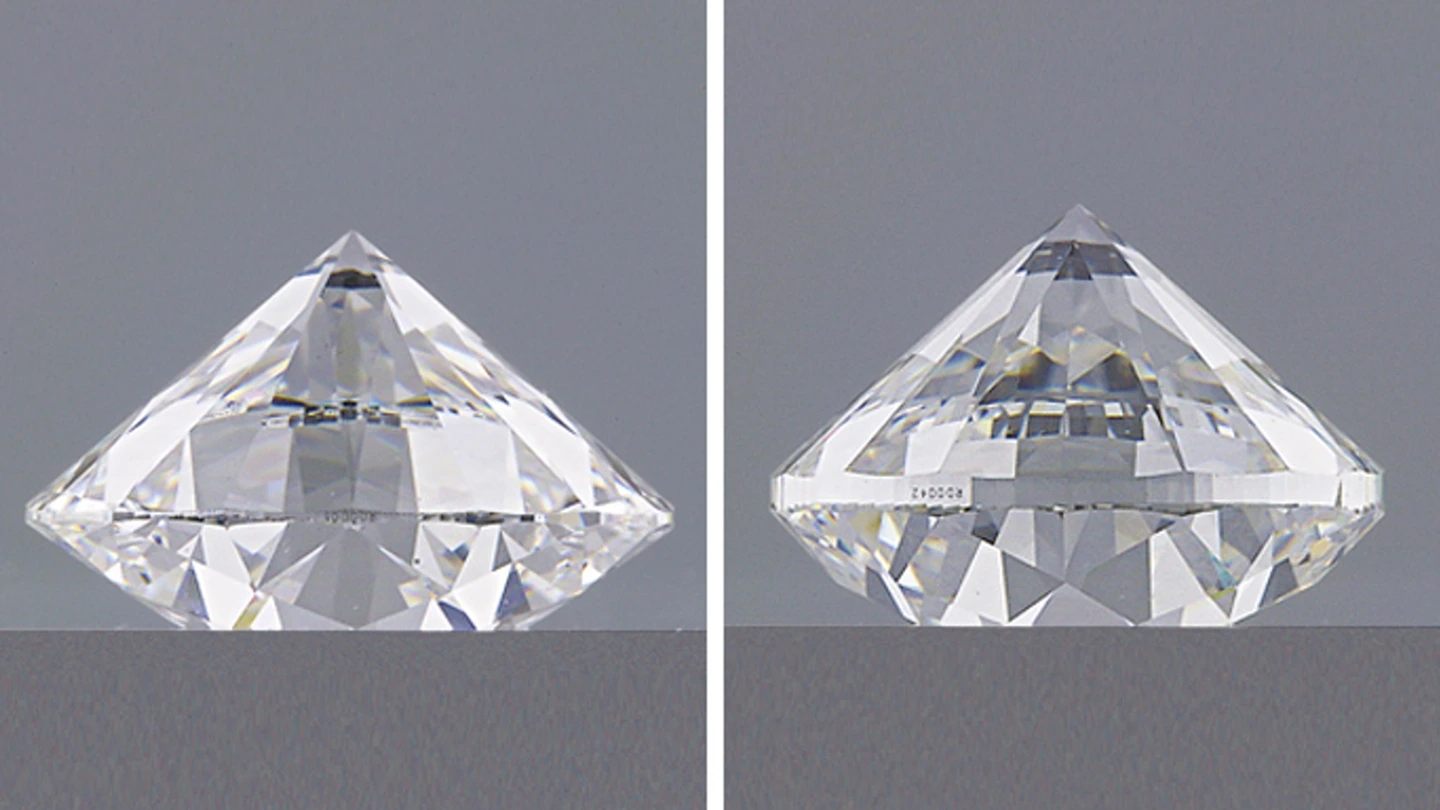 Image Alt-Text:     Side view of two diamonds with different girdle thickness affecting their GIA cut grades