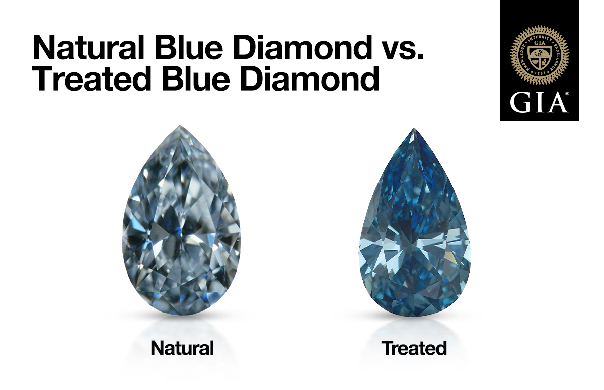 Infographic comparing a pear-shaped diamond treated with irradiation and natural, untreated blue diamond