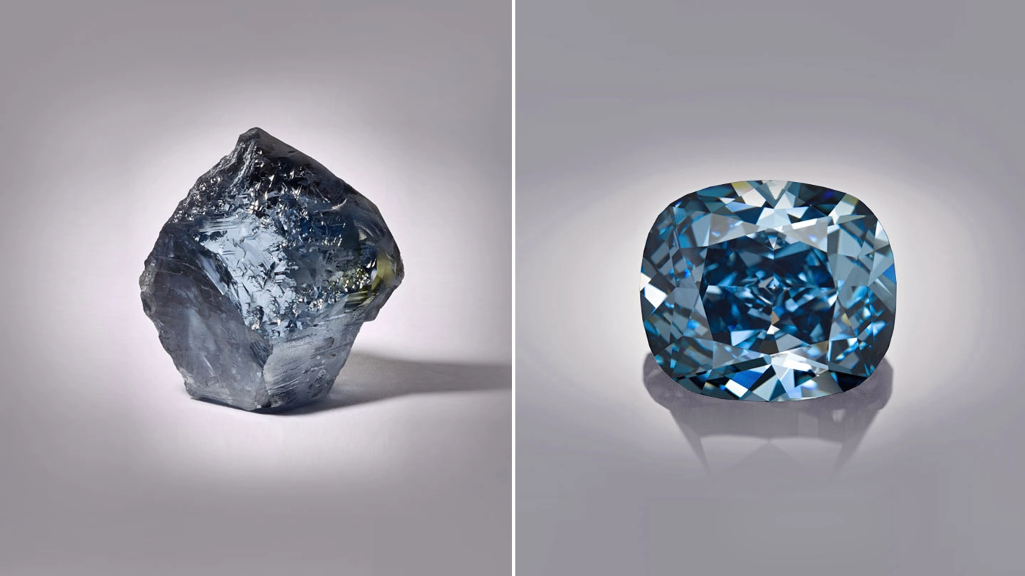 Blue diamond crystal and faceted cushion cut Fancy Vivid Blue diamond.