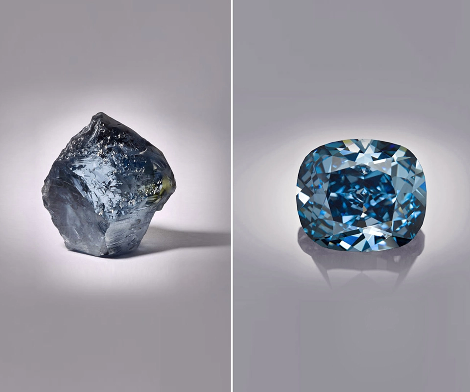 Blue diamond crystal and faceted cushion cut Fancy Vivid Blue diamond