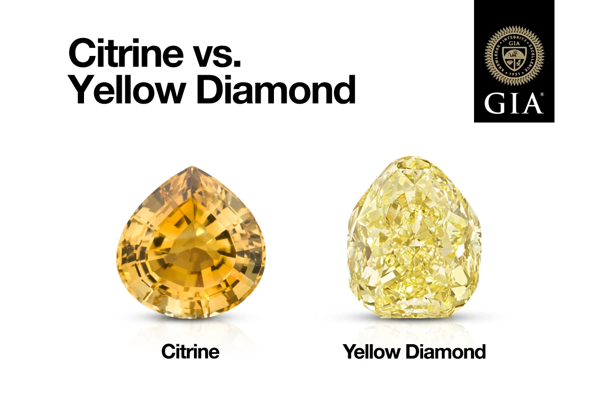 Infographic comparing citrine and yellow diamond, highlighting the difference in color hue and saturation