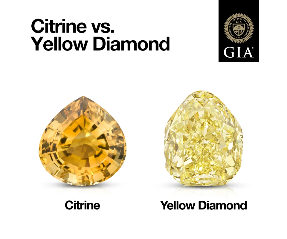 Infographic comparing citrine and yellow diamond, highlighting the difference in color hue and saturation