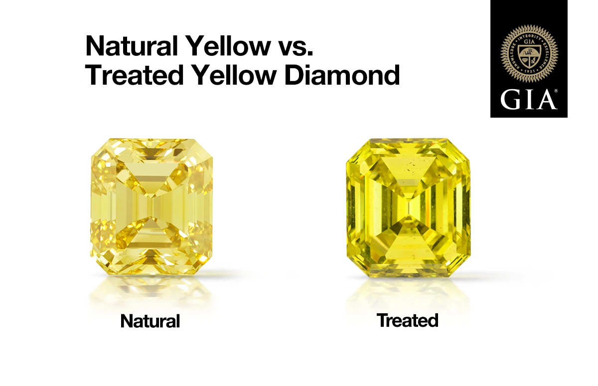 Infographic comparing treated yellow diamonds and natural yellow diamonds, highlighting differences in color saturation and gemstone appearance