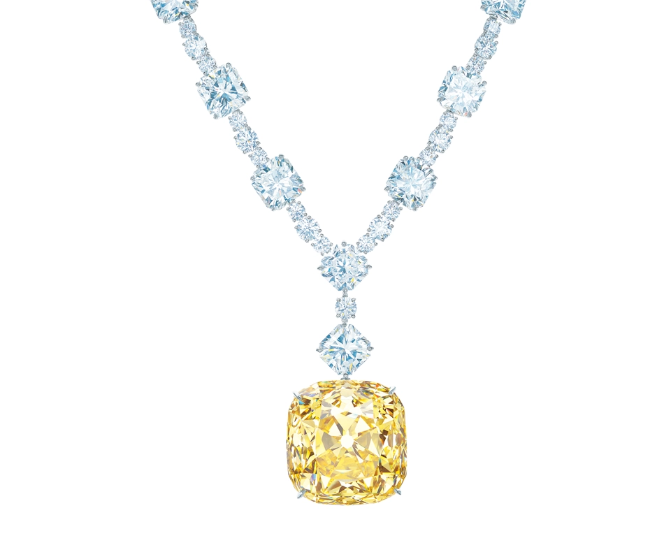 The Tiffany Diamond, a famous Fancy Yellow diamond set, in a diamond necklace