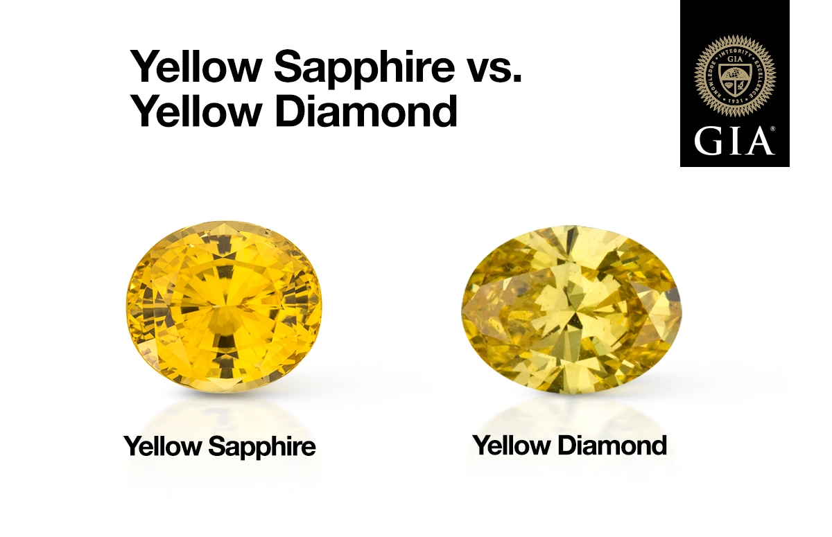 Infographic comparing a yellow sapphire and yellow diamond, highlighting differences in color, brilliance and fire