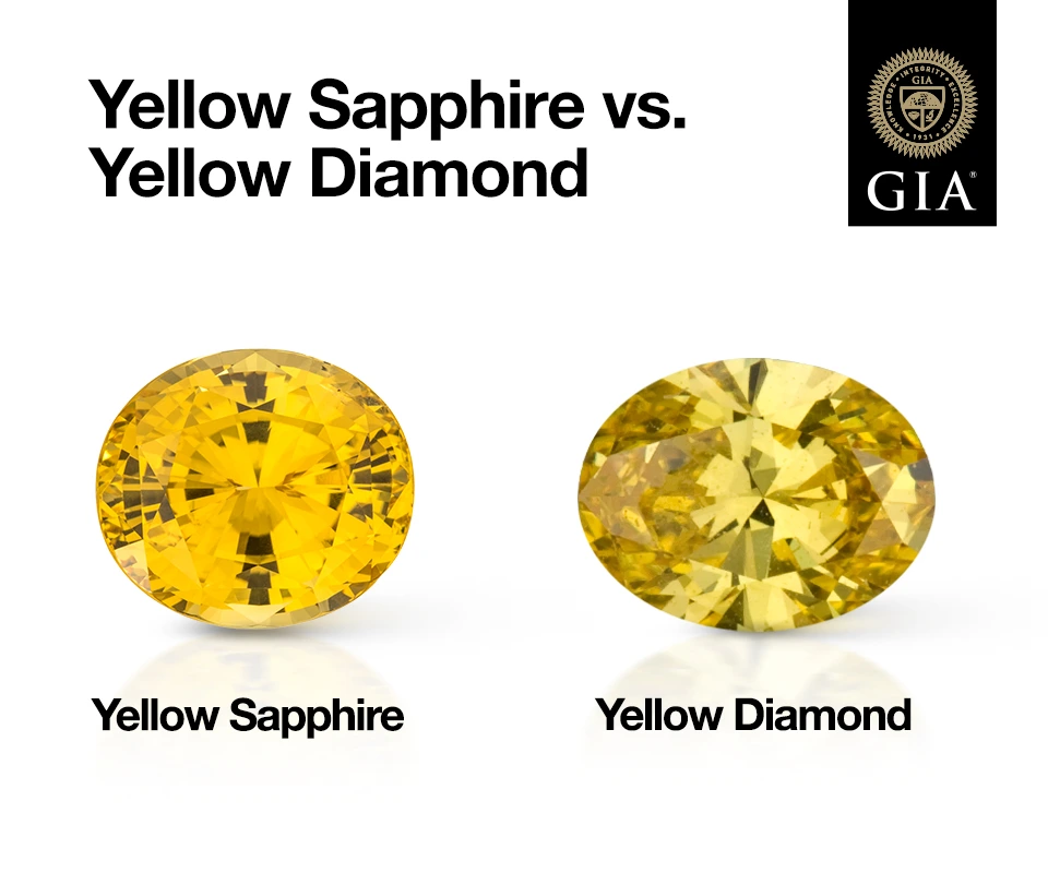 Infographic comparing a yellow sapphire and yellow diamond, highlighting differences in color, brilliance and fire