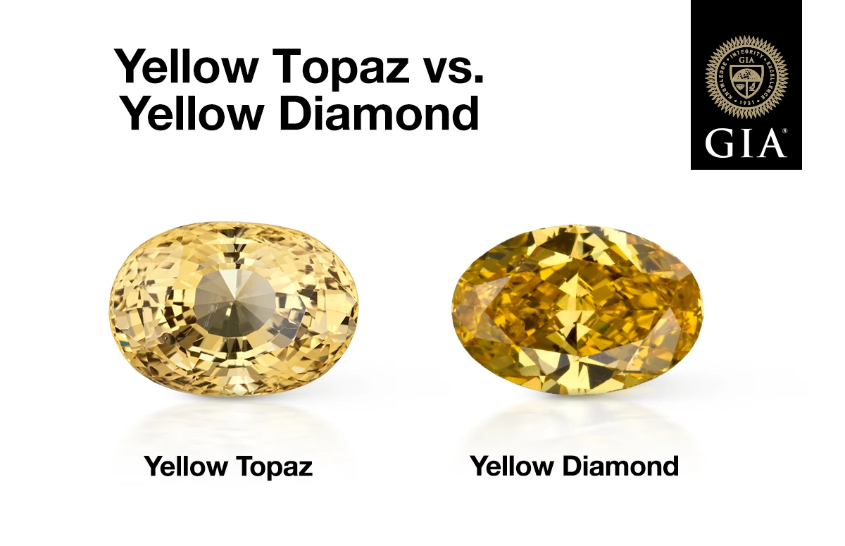 Infographic comparing an orangy-yellow topaz and yellow diamond, highlighting differences in color