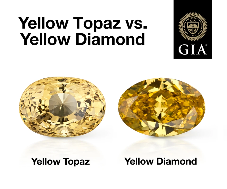Infographic comparing an orangy-yellow topaz and yellow diamond, highlighting differences in color