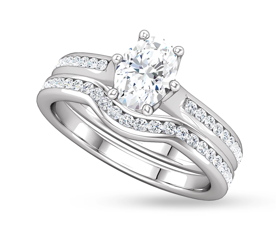 Channel-set oval diamond engagement ring and wedding band