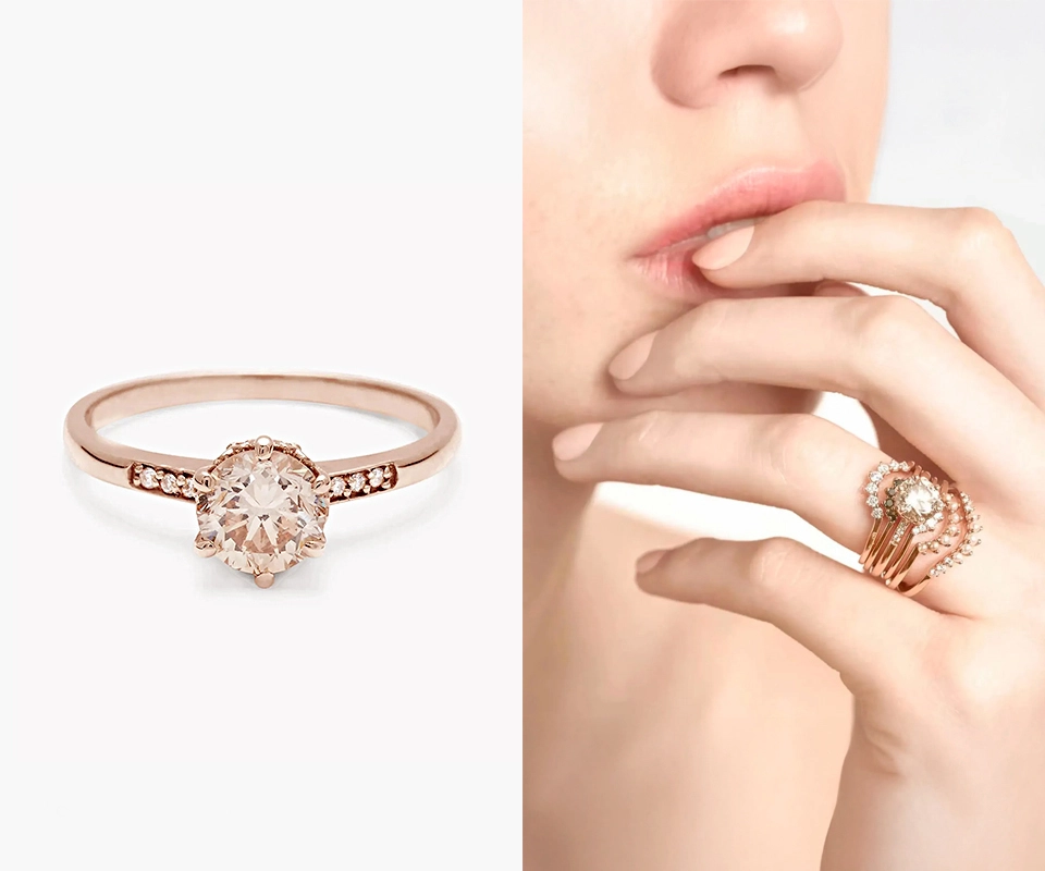 One carat champagne round brilliant diamond ring set in rose gold.