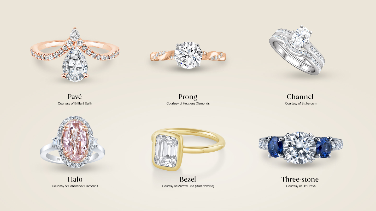 Engagement ring settings and styles including pavé, prong, channel, halo, bezel and three-stone designs.