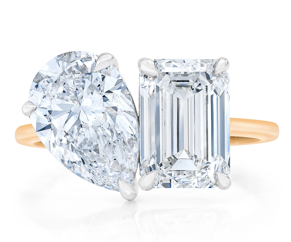 Pear and emerald cut diamond toi et moi engagement ring